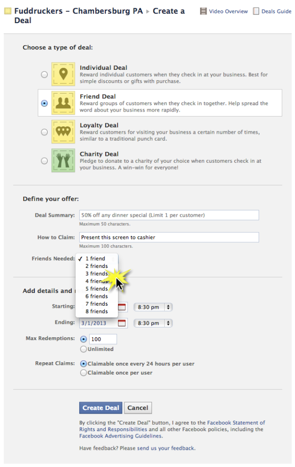 Facebook Deal Settings