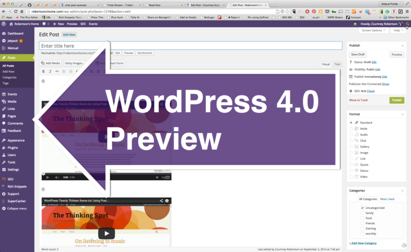 WordPress 4.0 preview interface showing improved editor