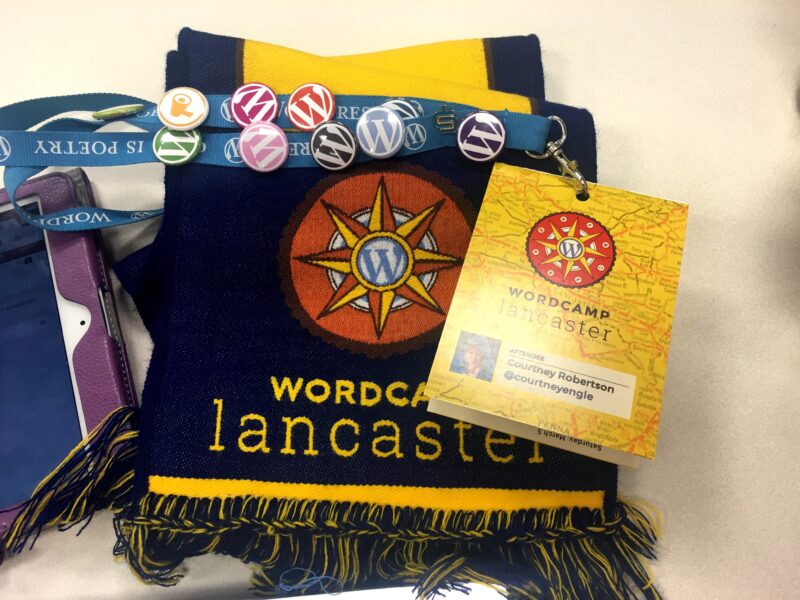 WordCamp Lancaster PA name tag and scarf