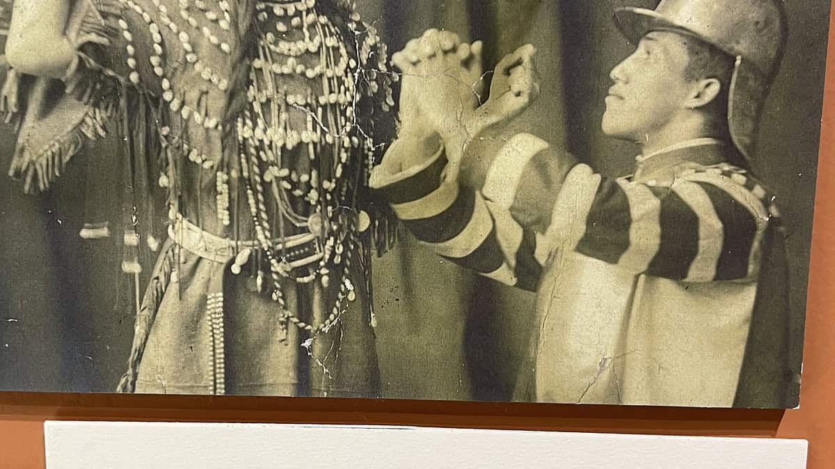 Two Native American students from Carlisle School are performing a duet from the opera "The Captain of Plymouth" at the school's commencement in 1910. Full Text: Rose LaRose (Shoshone) as the Indian Princess Katonka, and Montreville Yuda (Oneida) as Miles Standish, in the Duet, "Flirtation," in the Opera, "The Captain of Plymouth," performed by at Carlisle School Commencement in 1910. CCHS Photo Archives