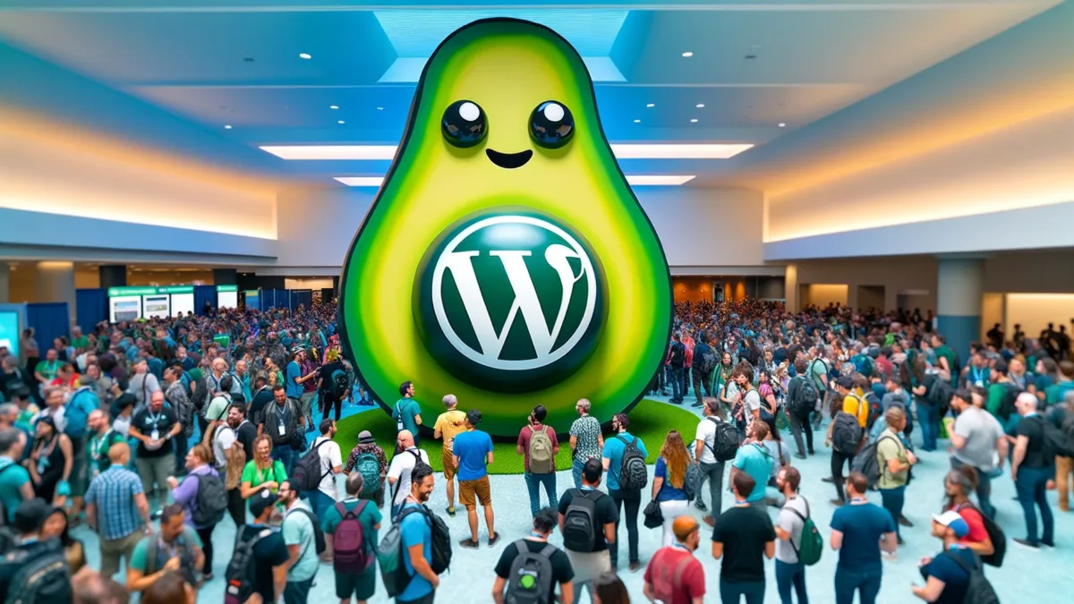 An imaginative depiction of a WordPress conference scene, with a giant avocado emoji at the center, its pit replaced by the WordPress logo. Around it, a diverse group of people representing various ethnicities, genders, ages, and abilities are engaged in conversations, emphasizing inclusivity and accessibility within the community.