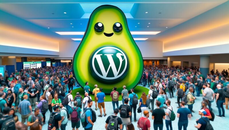Illustration of a diverse WordPress community around a giant avocado emoji whose pit is the WordPress logo.