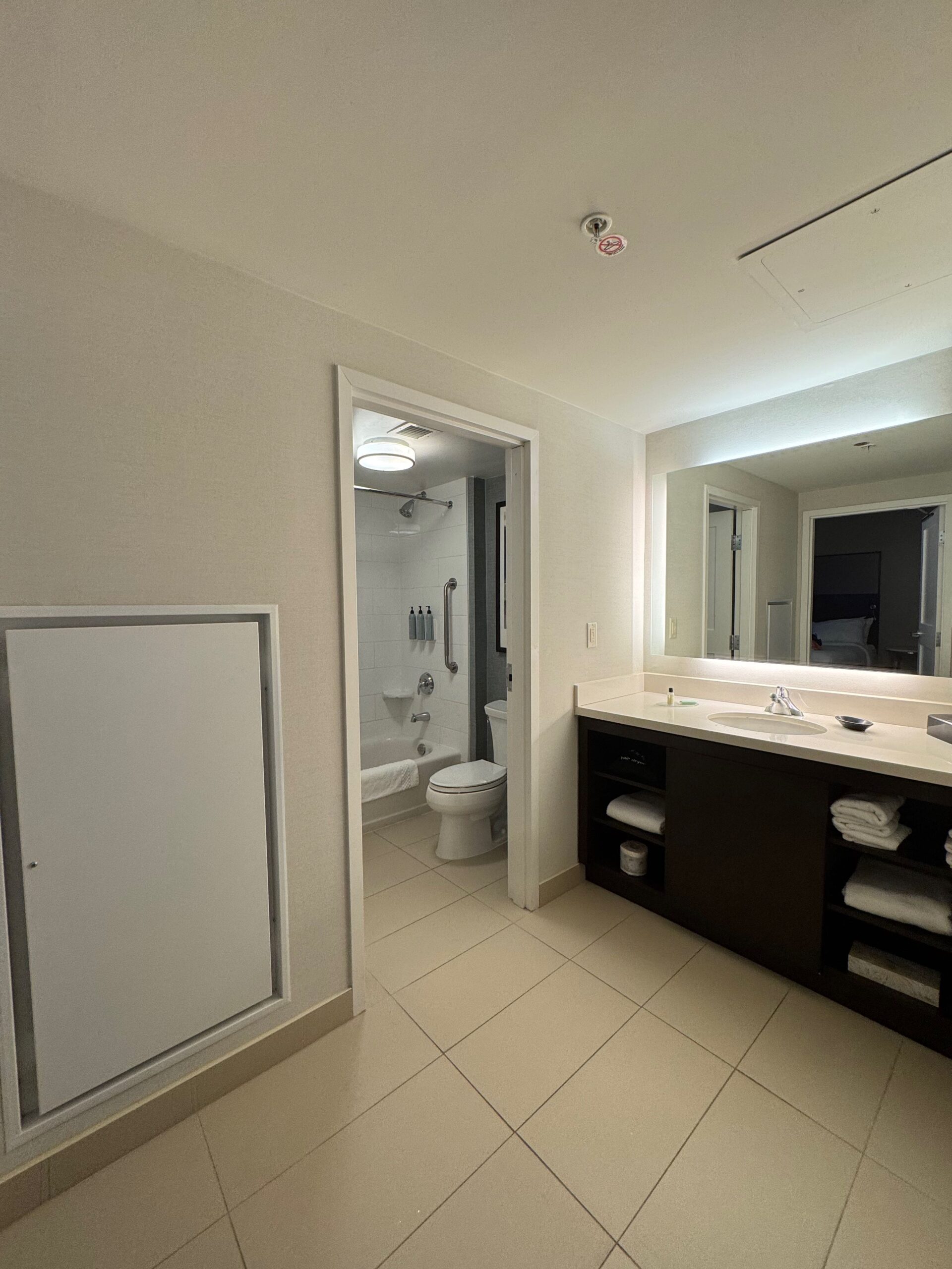 Bathroom sink in a walkthrough room and enclosed toilet and shower beyond.