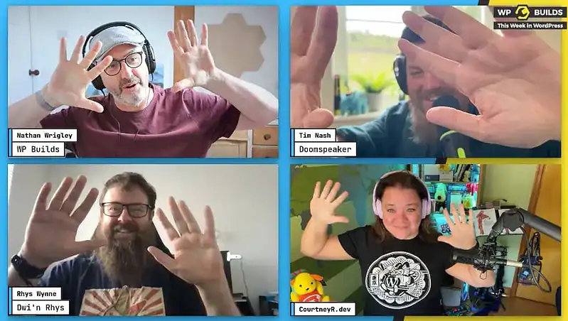 This Week in WordPress episode 347 showing four participant video tiles