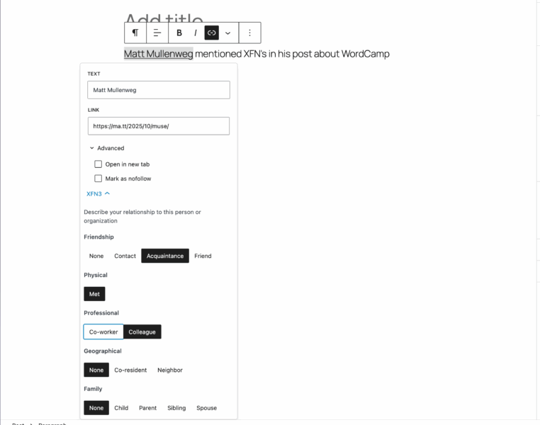 XFN Link Extension interface showing collapsible relationship sections with button groups for selecting friendships, professional connections, and other XFN categories, plus visual pills displaying active relationship selections