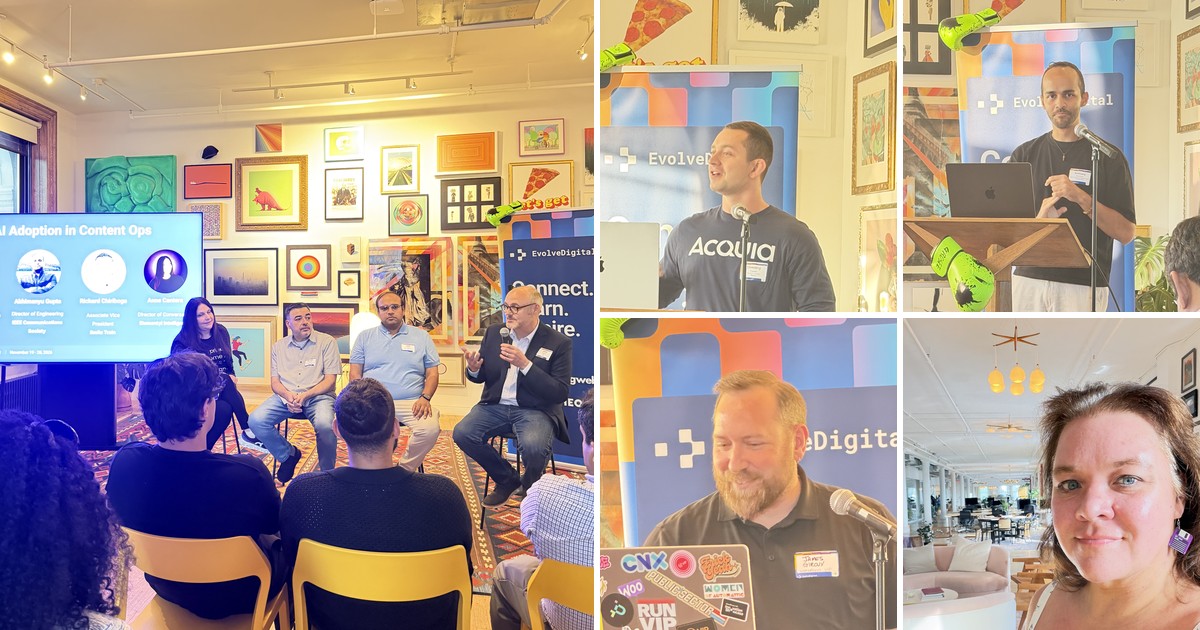 Collage from the EvolveDigital meetup: the AI content ops panel, three page builder presenters, and Courtney’s selfie