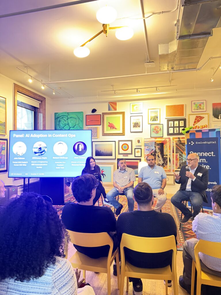 Anne Cantera, Richard Chiriboga, Abhimanyu Gupta, and John Eckman seated before a slide reading AI Adoption in Content Ops