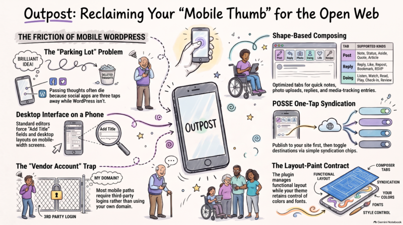 Illustrated infographic showing how Outpost improves mobile WordPress publishing by replacing desktop-style editors and third-party logins with shape-based composing, one-tap POSSE syndication, and theme-controlled styling on the user’s own domain.