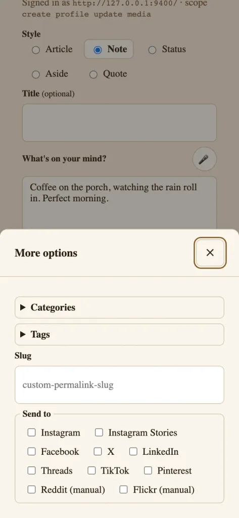 Mobile WordPress composer in Note mode with a “More options” panel for categories, tags, a custom URL slug, and syndication destinations including Instagram, Facebook, X, LinkedIn, Threads, TikTok, Pinterest, Reddit, and Flickr.
