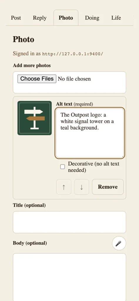 Outpost’s mobile Photo composer with image upload, required alt text, decorative option, title, and body fields.