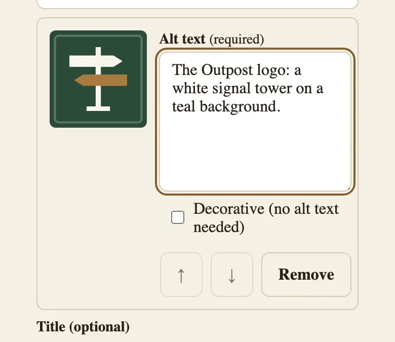 Outpost’s mobile Photo composer with image upload, required alt text, decorative option, title, and body fields.