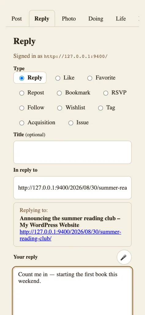 Outpost’s mobile Reply composer with interaction types, a linked WordPress post preview, and a written response.