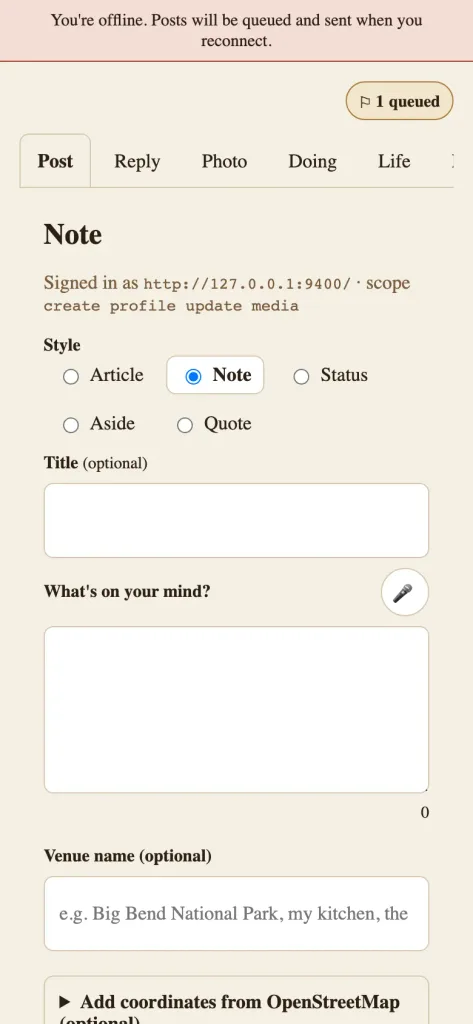 Outpost’s mobile composer showing an offline alert and one post queued to publish after reconnection.