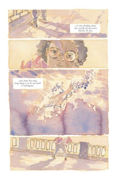 Four watercolor panels in soft gold, pink, and lavender show shoes casting long shadows, a curly-haired person wearing round glasses, a small bird floating in rippling water, and the person leaning over a bridge railing.