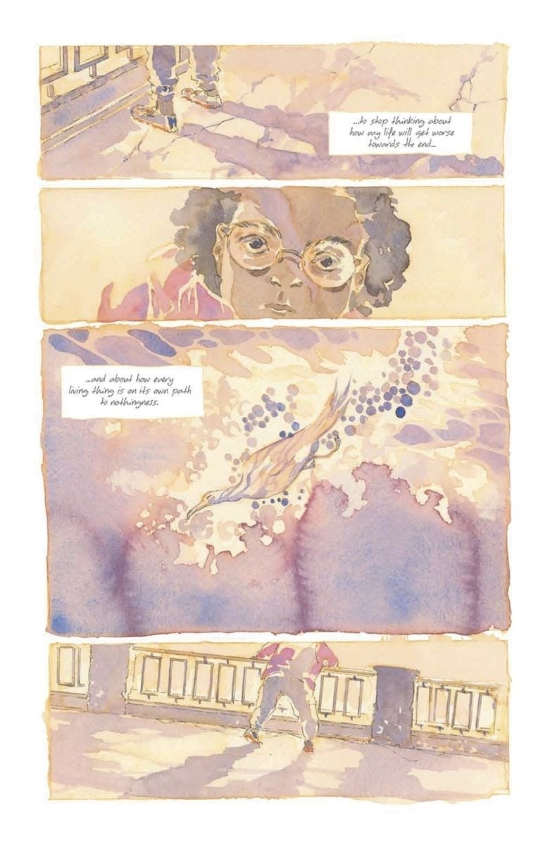 Four watercolor panels in soft gold, pink, and lavender show shoes casting long shadows, a curly-haired person wearing round glasses, a small bird floating in rippling water, and the person leaning over a bridge railing.