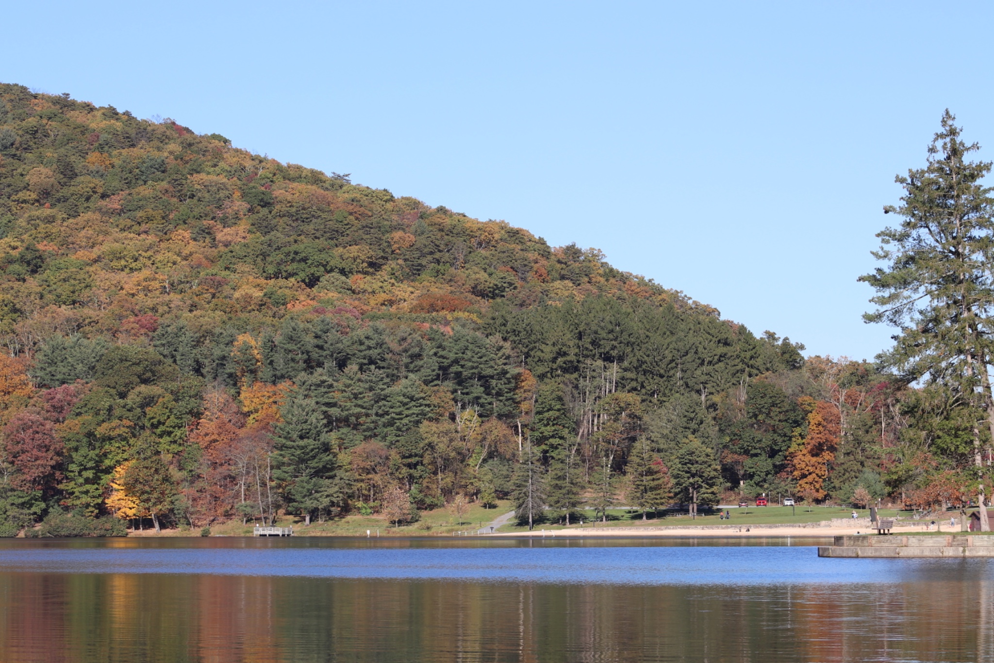 Wooded hillside with a mixture of evergreen trees and colorful autumn foliage rising above a peaceful lake, with a small beach and walking path along the shoreline.