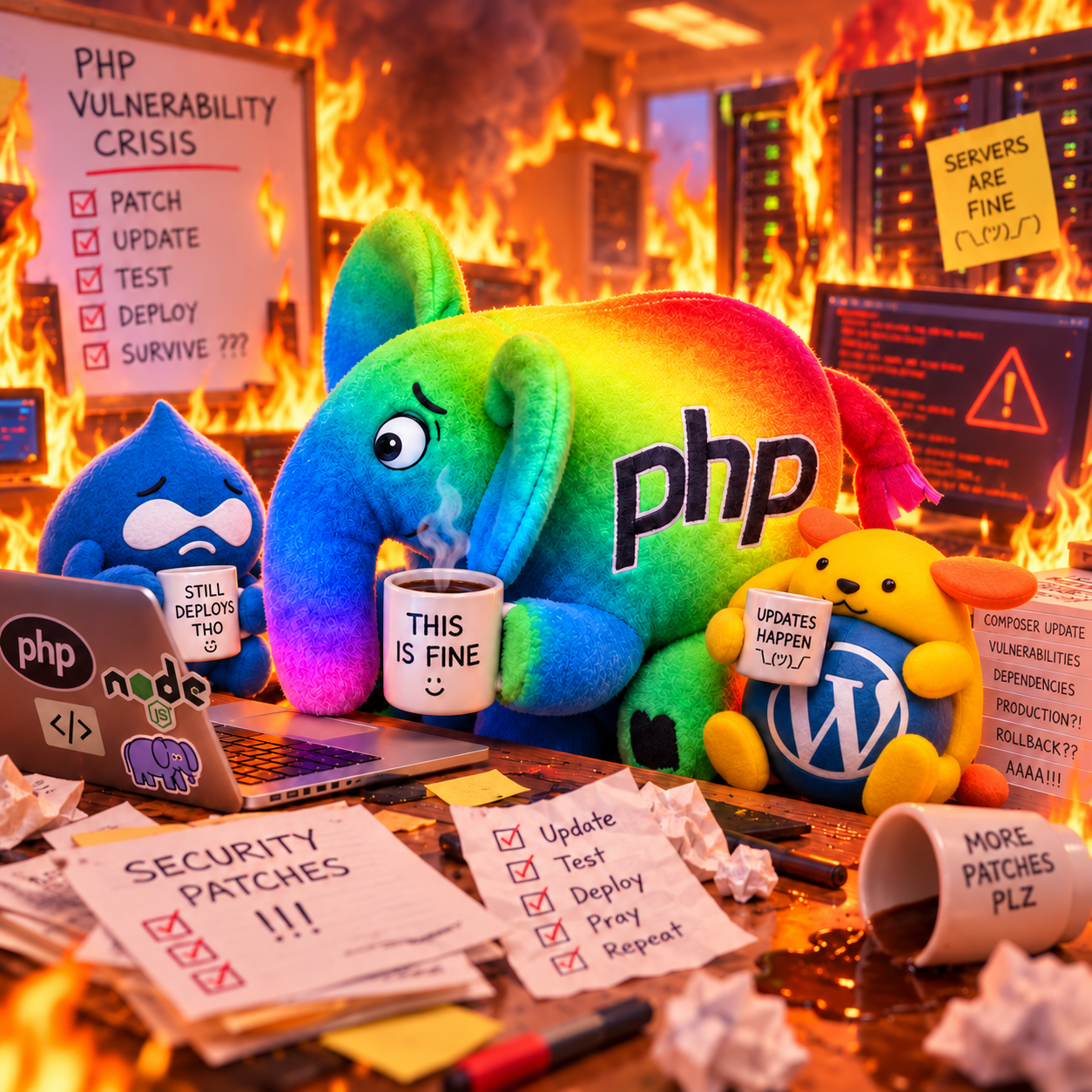 A rainbow-colored PHP elephpant plush clutches a “THIS IS FINE” coffee mug in a server room engulfed in flames. Beside it, a worried blue Drupal drop holds a “STILL DEPLOYS THO” mug, while a cheerful yellow WordPress Wapuu hugs the WordPress logo. A laptop displays PHP, Node.js, and elephpant stickers. Scattered security patch checklists, spilled coffee, error-filled monitors, and burning server racks humorously depict the chaos of responding to a major PHP security vulnerability.
